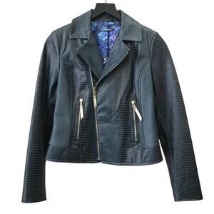 Elie Tahari Blue Leather Croc-Embossed Moto Jacket Size X-Small